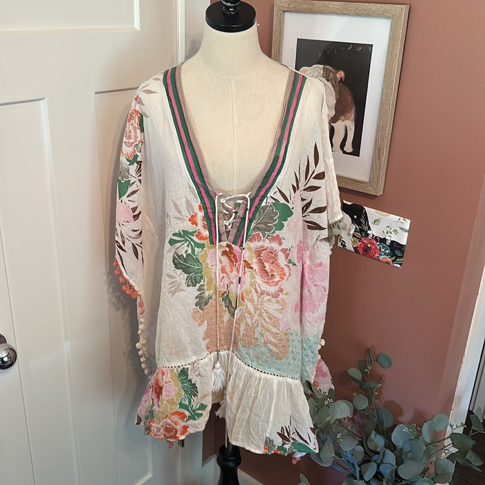 Z&L Floral Print Pom Poms cotton tassel drop waist lace up OS Kaftan Cover-Up - Picture 4 of 16